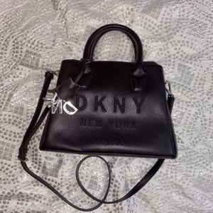 DKNY Paige Medium Satchel Crossbody Strap Black Logo Canvas purse.